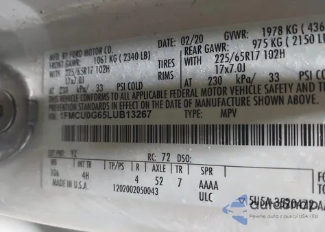 2020 Ford Escape Se из США, поврежденный, VIN 1FMCU0G65LUB13267